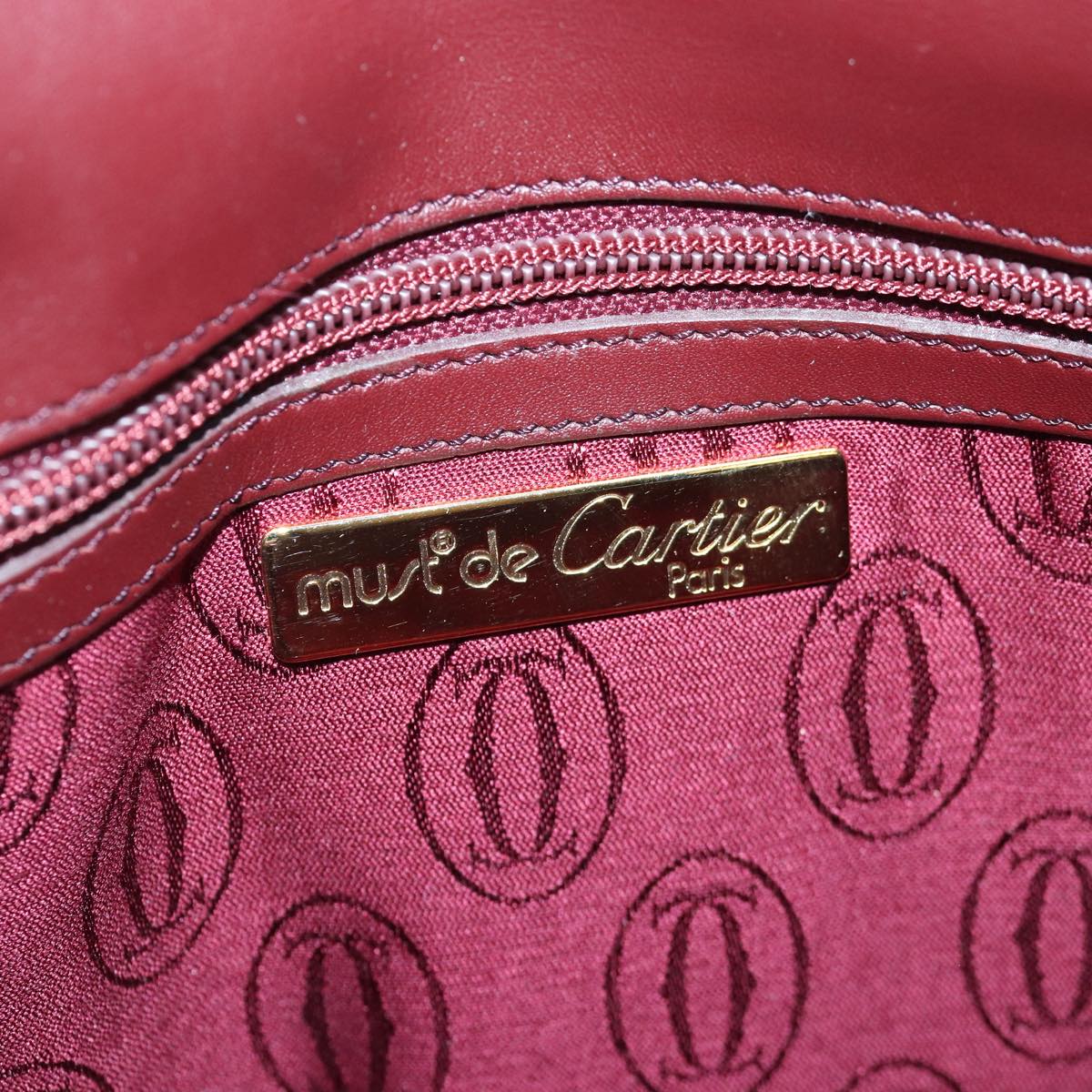 CARTIER Shoulder Bag Leather Wine Red Gold Auth yk14161