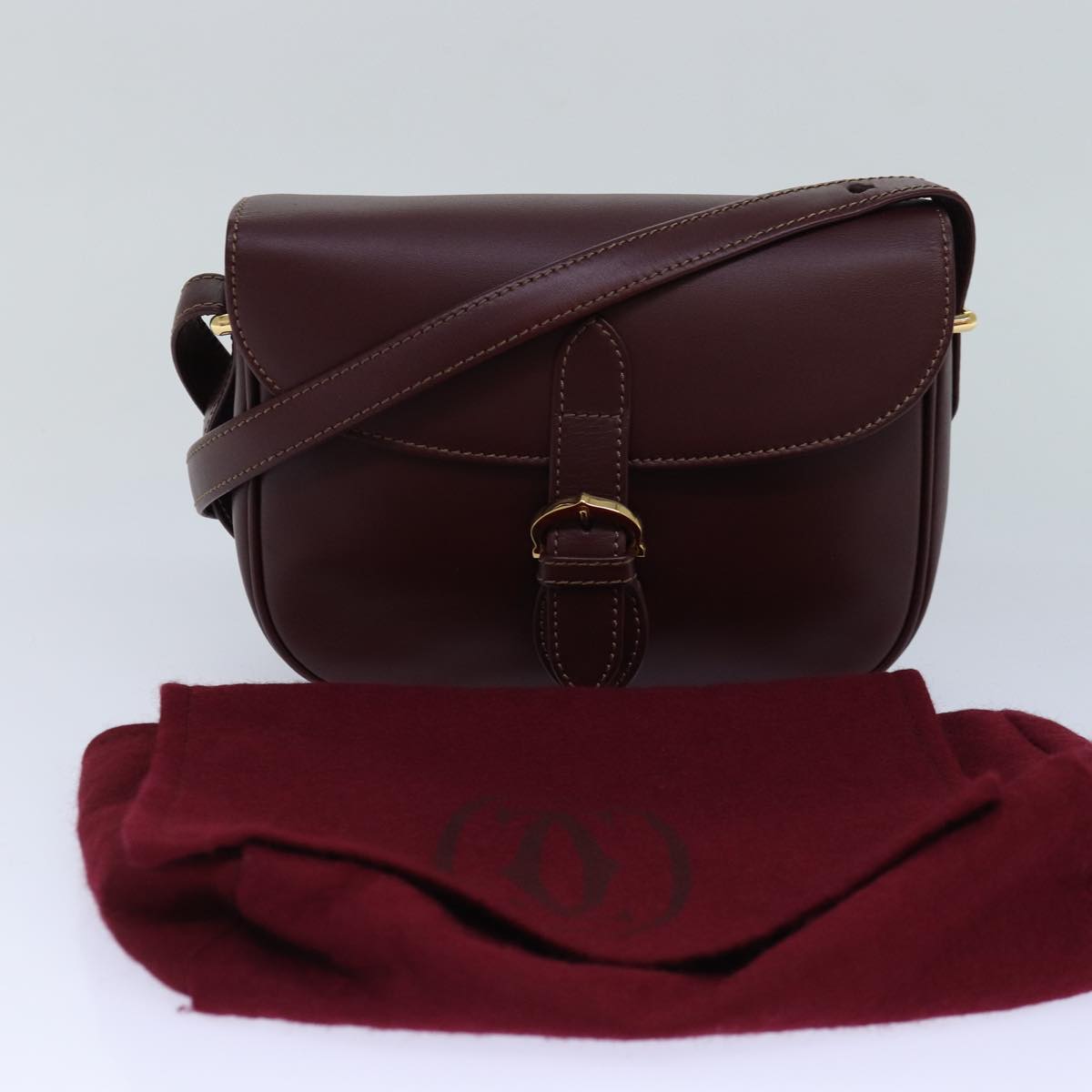 CARTIER Shoulder Bag Leather Wine Red Gold Auth yk14161