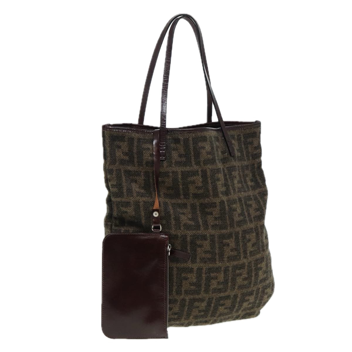 FENDI Zucca Canvas Tote Bag Wool Brown Black Silver Auth yk14162