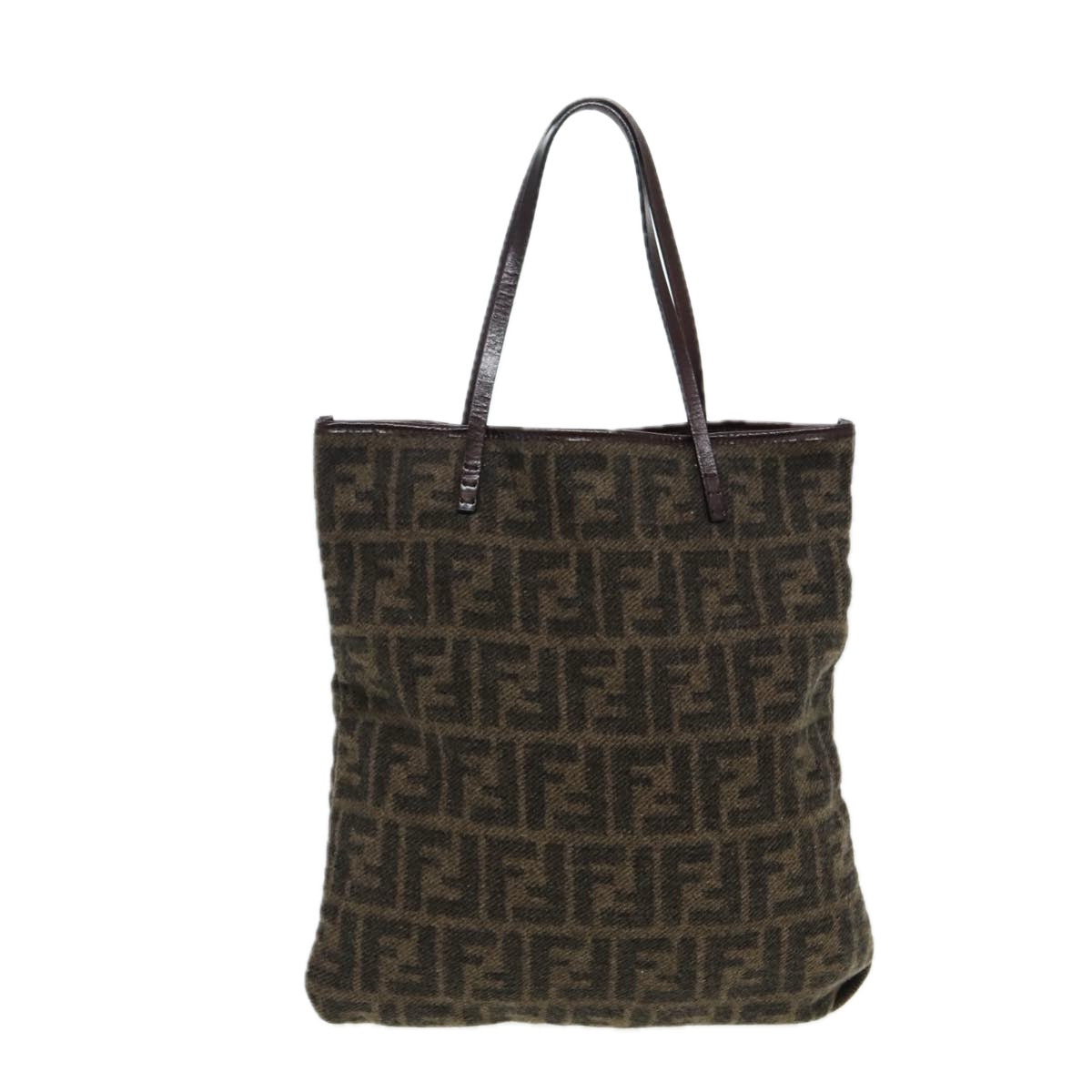 FENDI Zucca Canvas Tote Bag Wool Brown Black Silver Auth yk14162