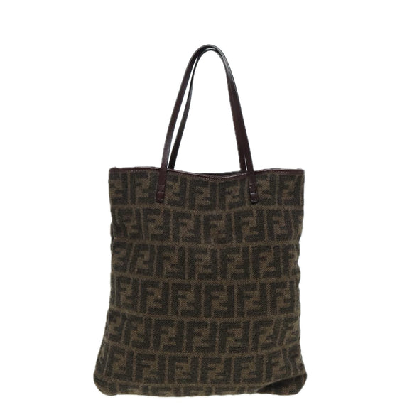 FENDI Zucca Canvas Tote Bag Wool Brown Black Silver Auth yk14162