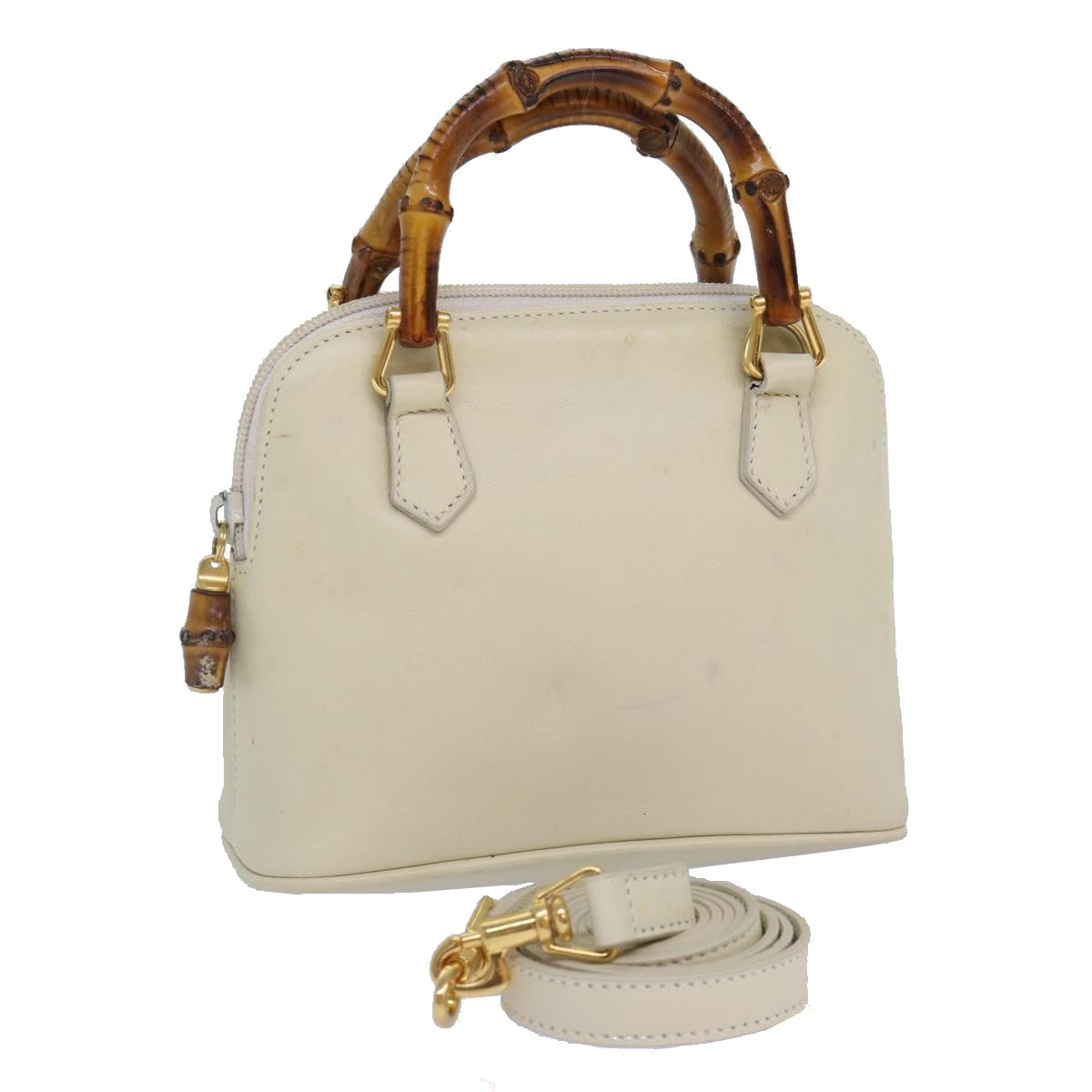 GUCCI Bamboo Hand Bag Leather 2way Cream Gold Auth yk14170