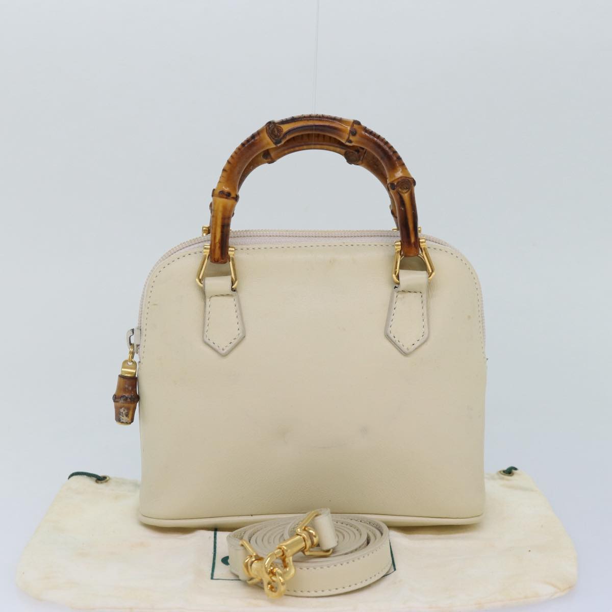 GUCCI Bamboo Hand Bag Leather 2way Cream Gold Auth yk14170