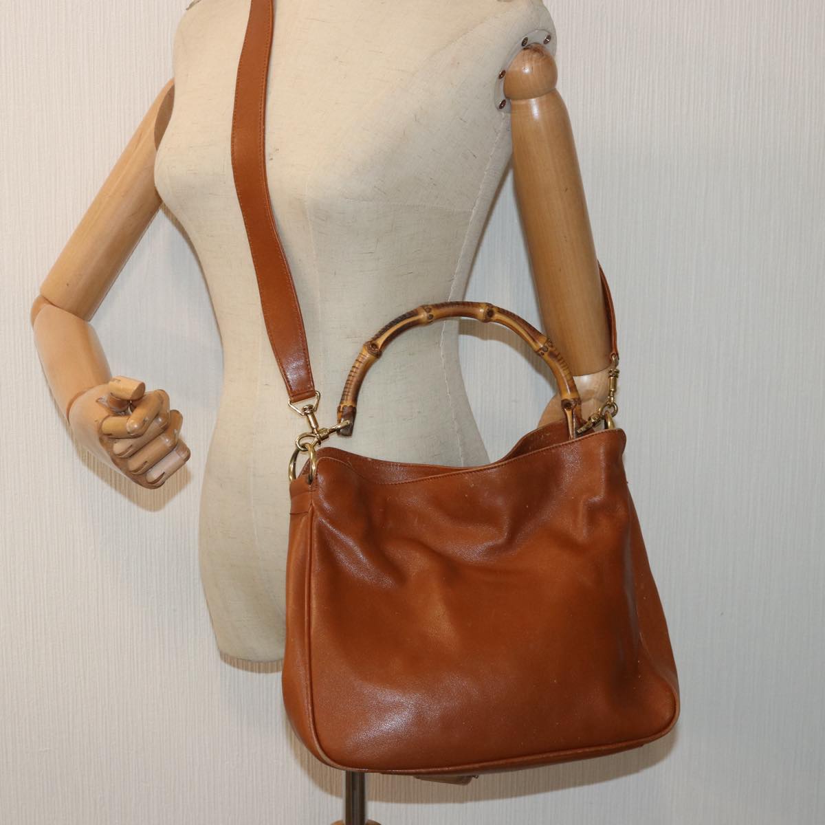 GUCCI Bamboo Hand Bag Leather 2way Brown Gold 001 1705 1638 Auth yk14231