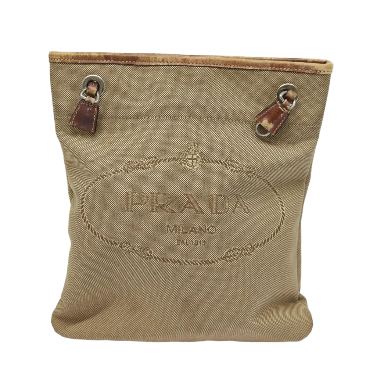 PRADA Shoulder Bag Canvas Beige Silver Auth yk14232