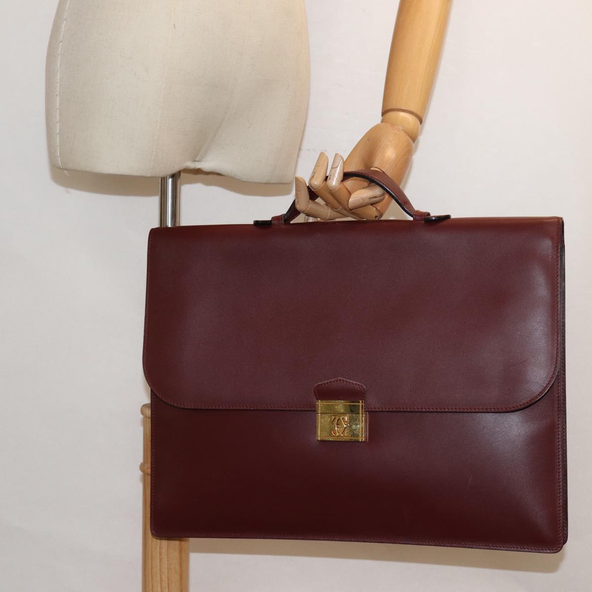 CARTIER Hand Bag Leather Bordeaux Auth yk14233