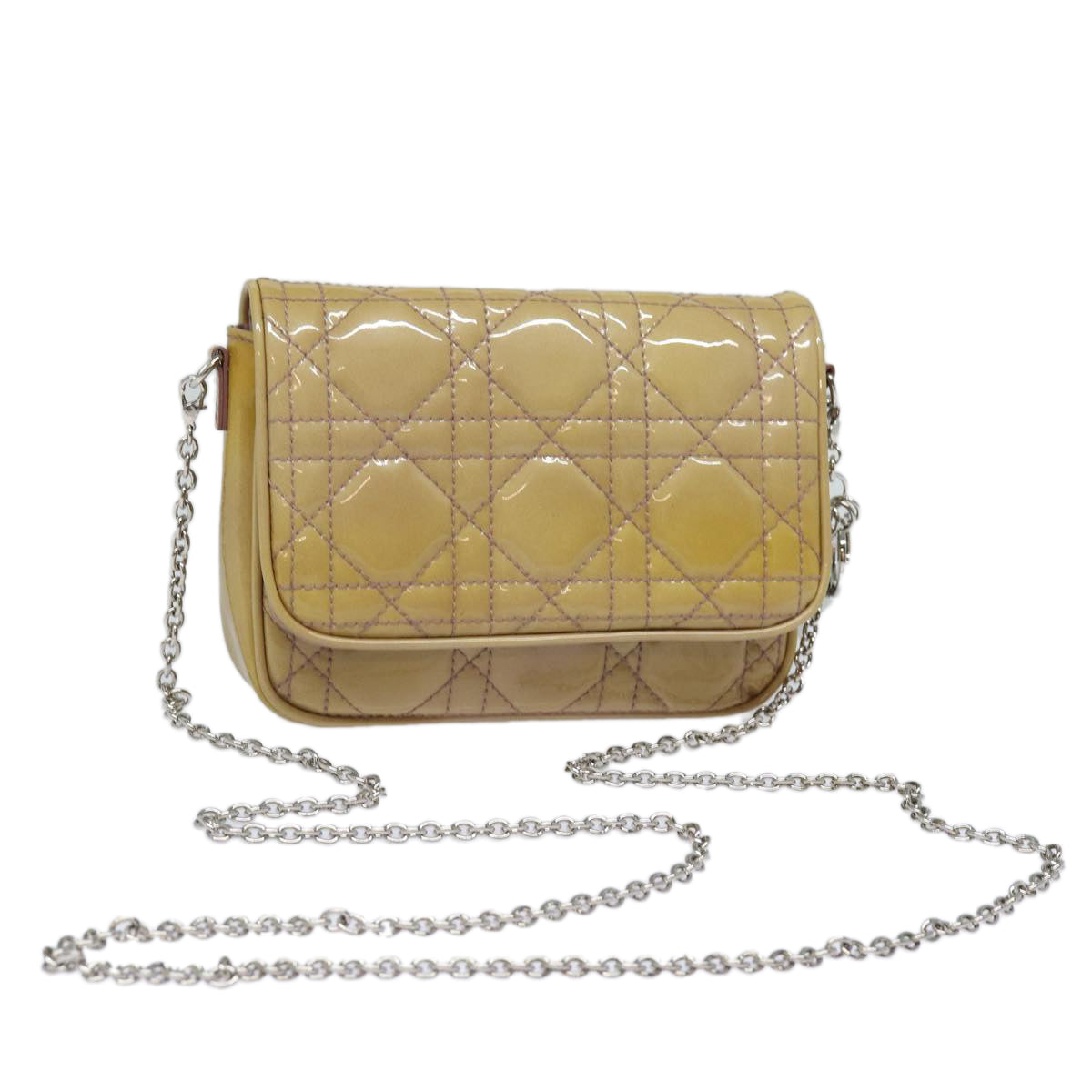 Christian Dior Chain Lady Dior Canage Bag Enamel Beige Silver Auth yk14244