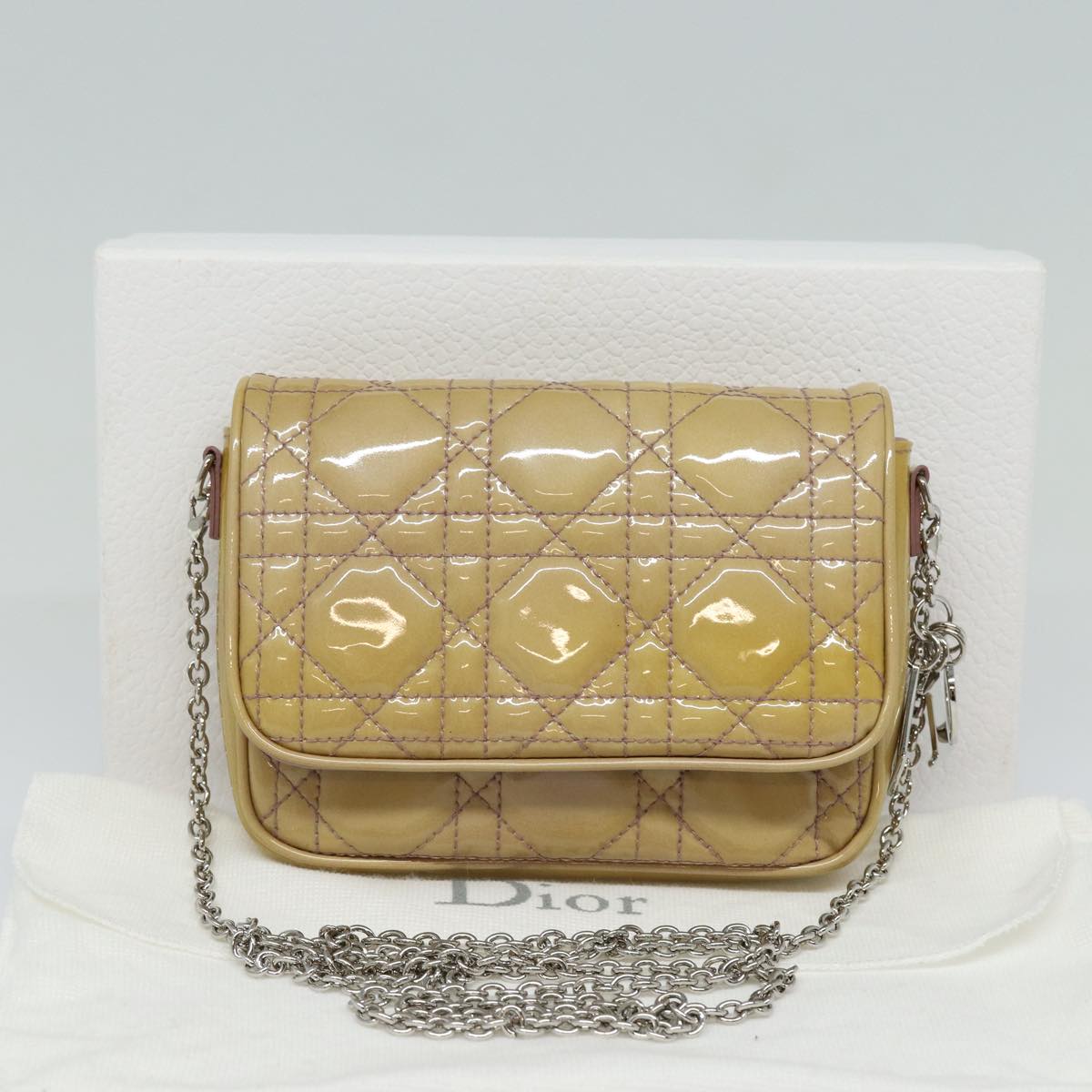 Christian Dior Chain Lady Dior Canage Bag Enamel Beige Silver Auth yk14244