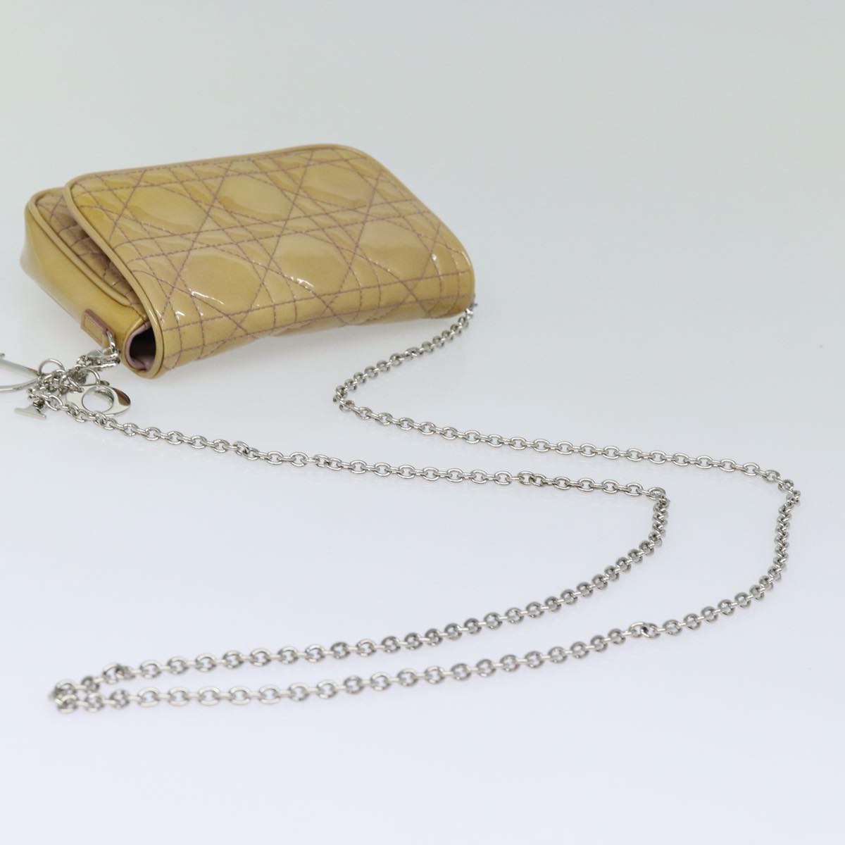 Christian Dior Chain Lady Dior Canage Bag Enamel Beige Silver Auth yk14244