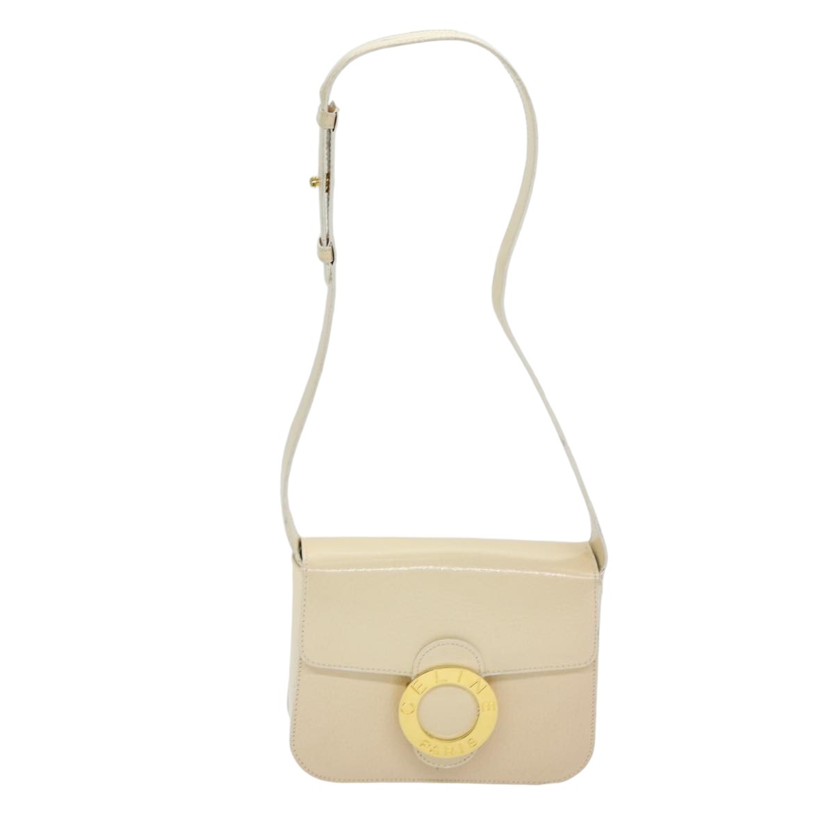 CELINE Circle Shoulder Bag Patent leather Beige Gold Auth yk14247