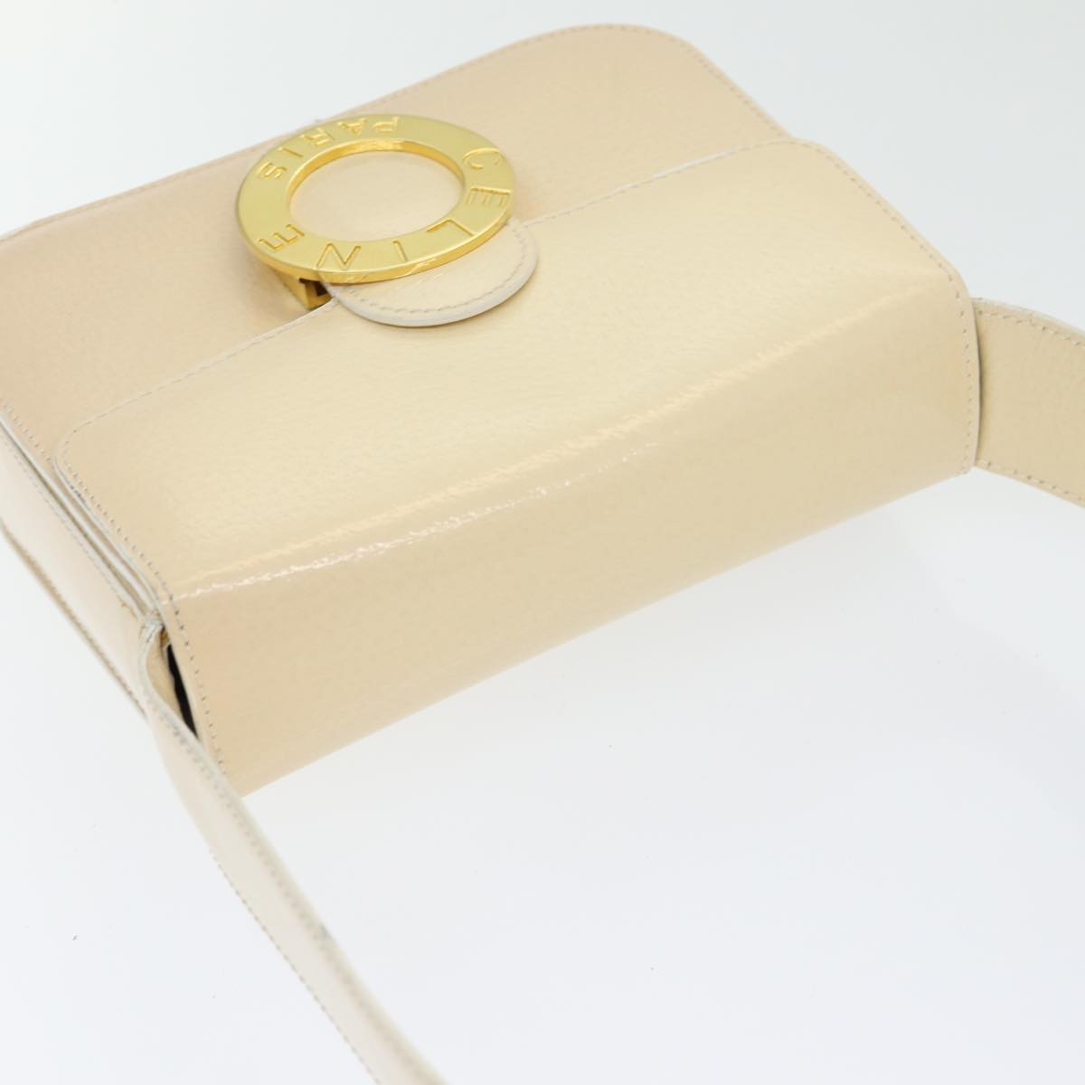 CELINE Circle Shoulder Bag Patent leather Beige Gold Auth yk14247