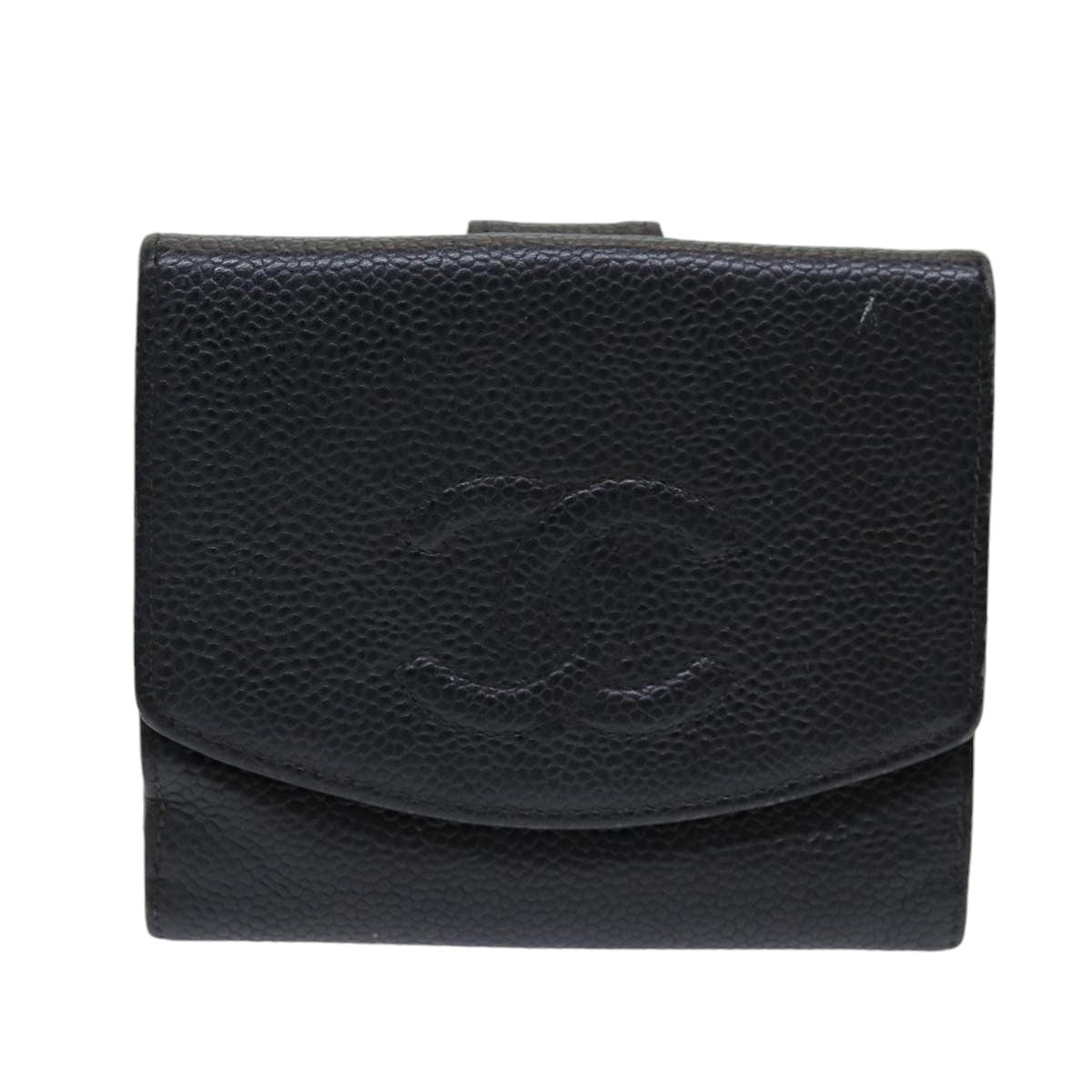 CHANEL COCO Mark Wallet Caviar Skin Black Gold CC Auth yk14253