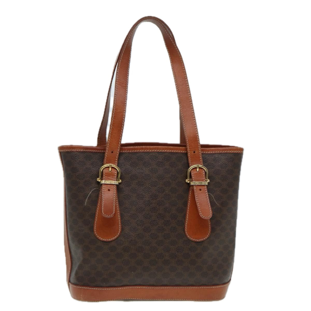 CELINE Macadam Canvas Tote Bag PVC Leather Brown Gold Auth yk14268