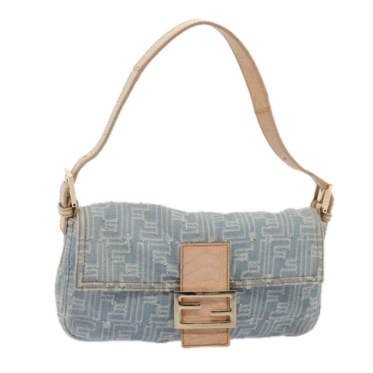 FENDI Zucca Canvas Mamma Baguette Shoulder Bag Denim Blue Gold Auth yk14276A