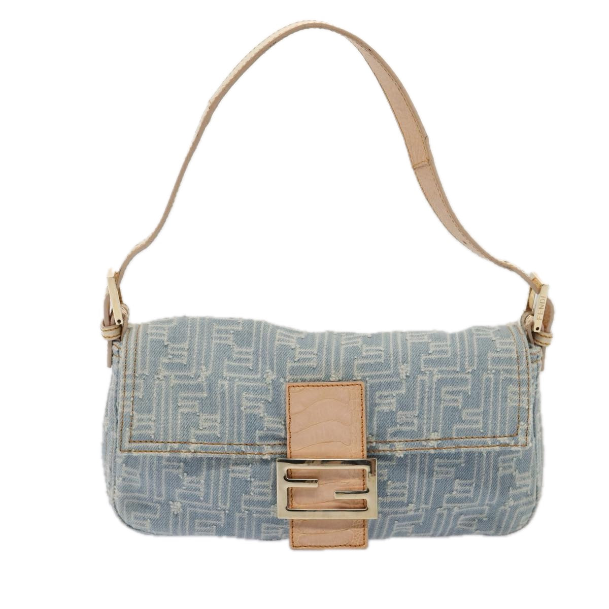 FENDI Zucca Canvas Mamma Baguette Shoulder Bag Denim Blue Gold Auth yk14276A