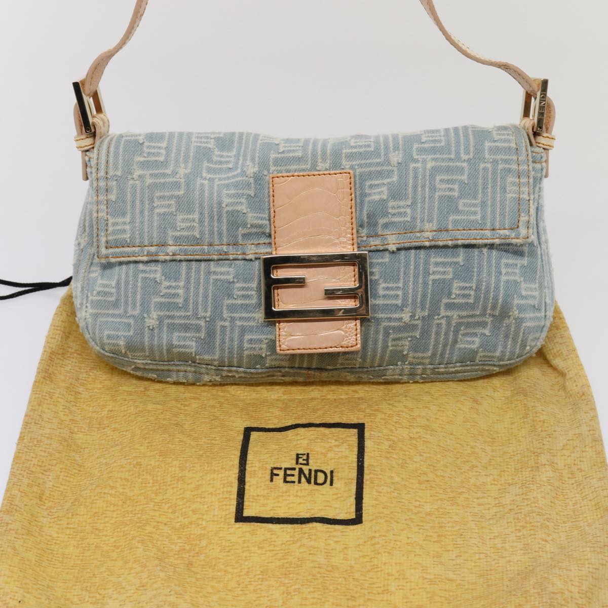 FENDI Zucca Canvas Mamma Baguette Shoulder Bag Denim Blue Gold Auth yk14276A