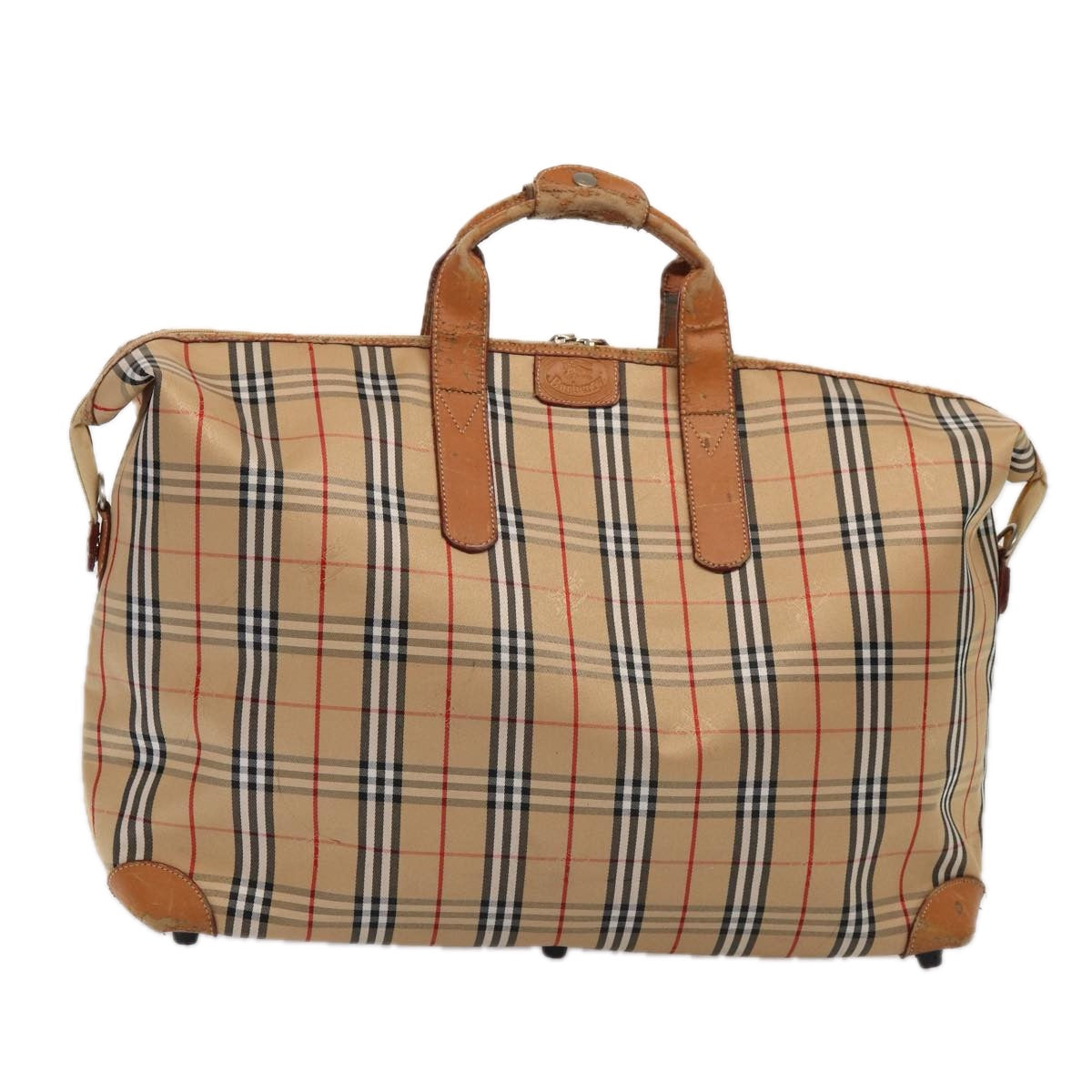 BURBERRY Nova Check Boston Bag Canvas Beige Silver Auth yk14277