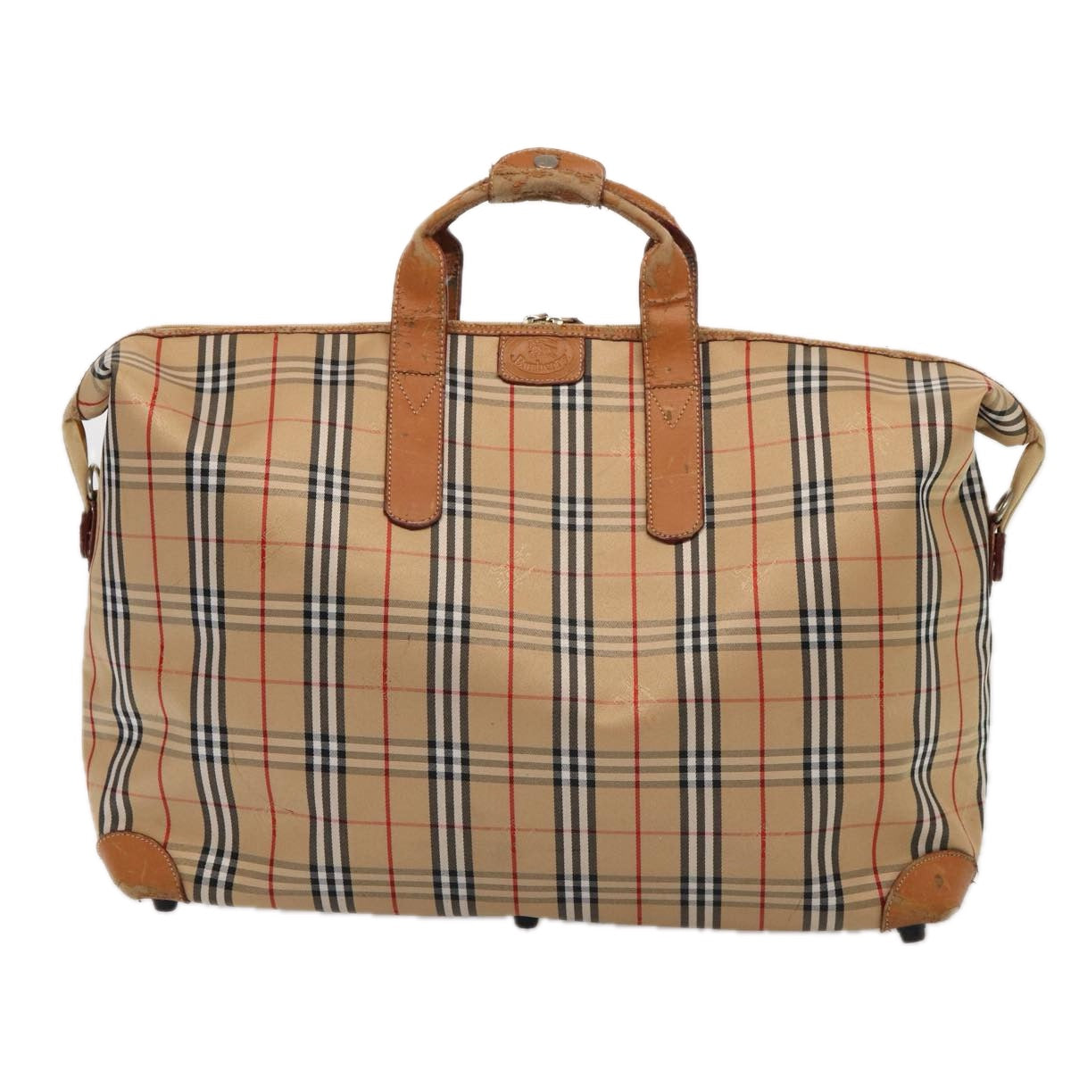 BURBERRY Nova Check Boston Bag Canvas Beige Silver Auth yk14277