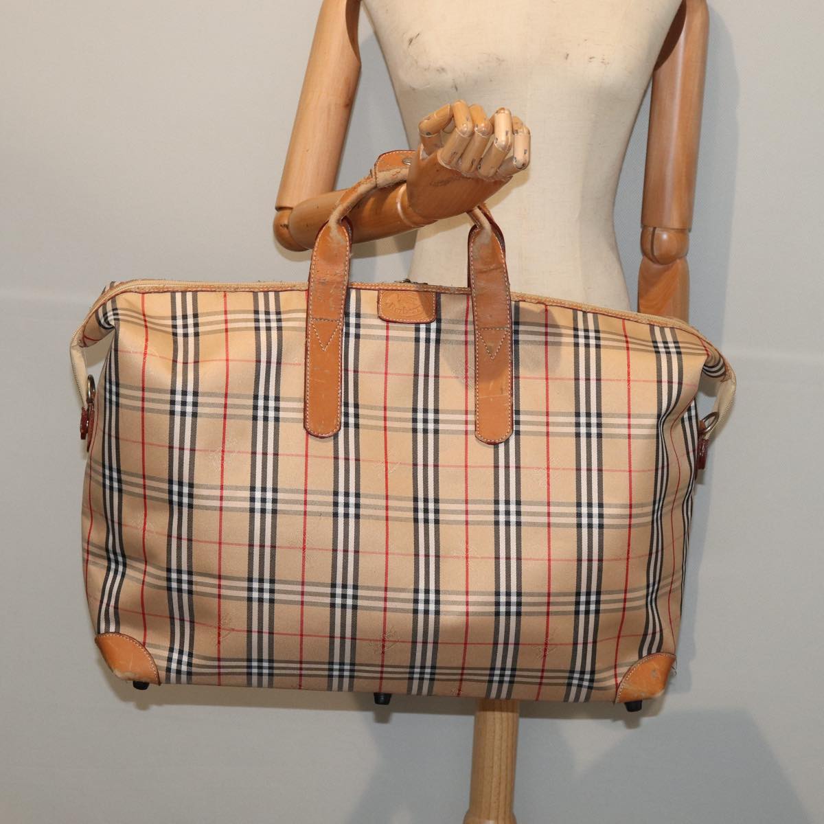 BURBERRY Nova Check Boston Bag Canvas Beige Silver Auth yk14277