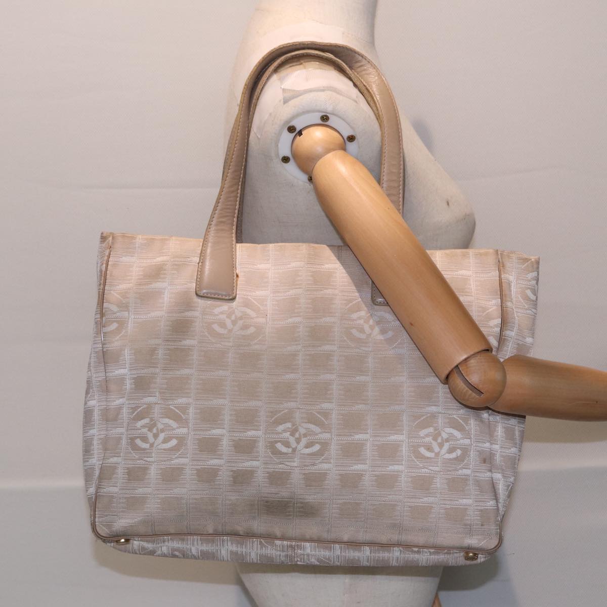 CHANEL New Travel Line Tote Bag Nylon Beige Gold CC Auth yk14279