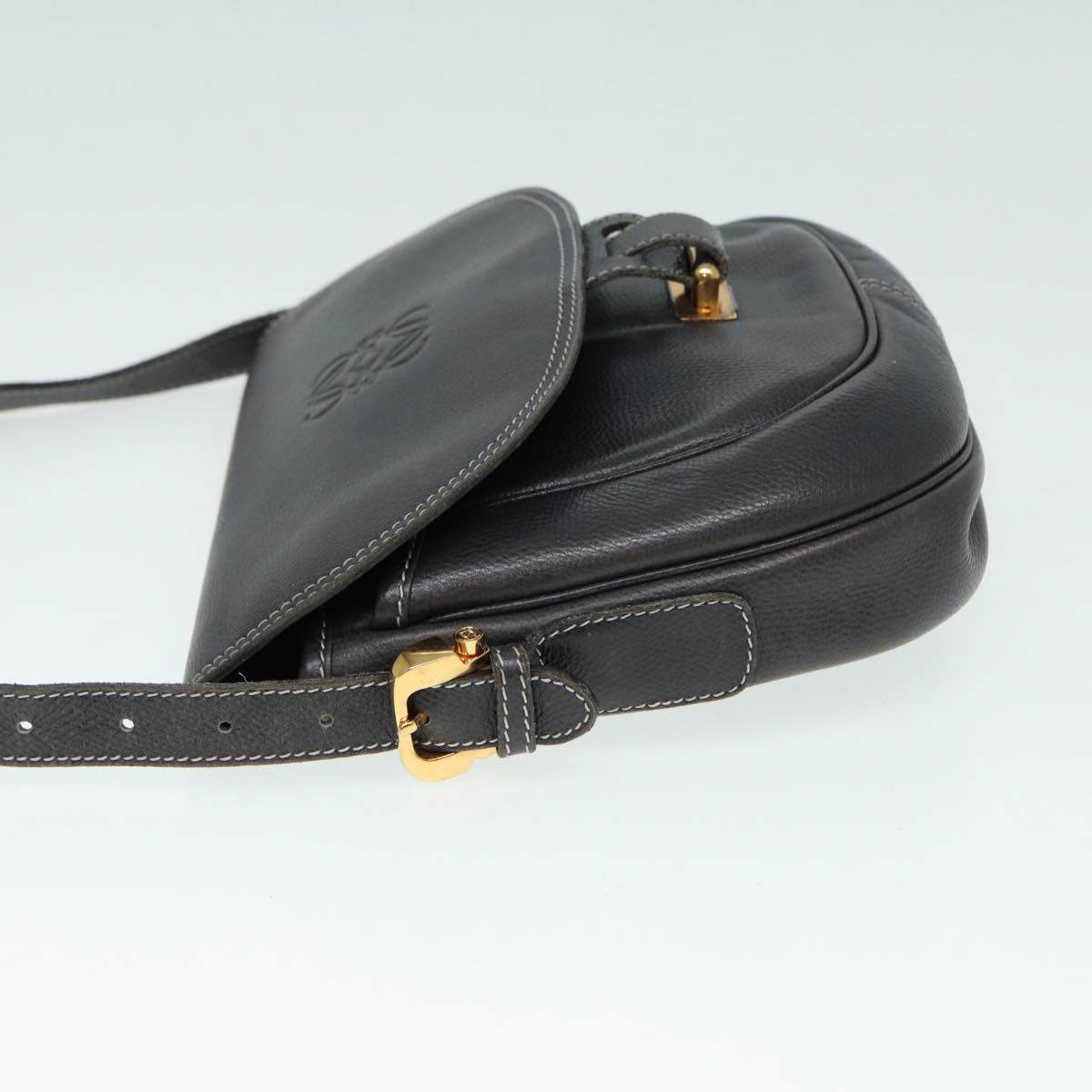 LOEWE Anagram Shoulder Bag Leather Gold Navy Auth yk14292