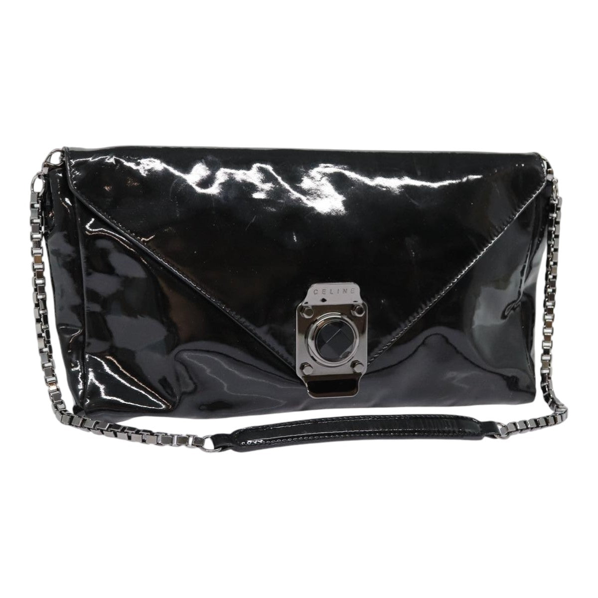 CELINE Chain Shoulder Bag Enamel Black Silver Auth yk14305