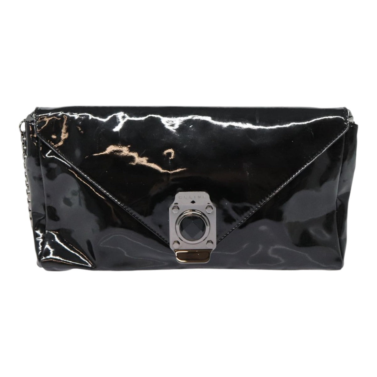 CELINE Chain Shoulder Bag Enamel Black Silver Auth yk14305 - 0