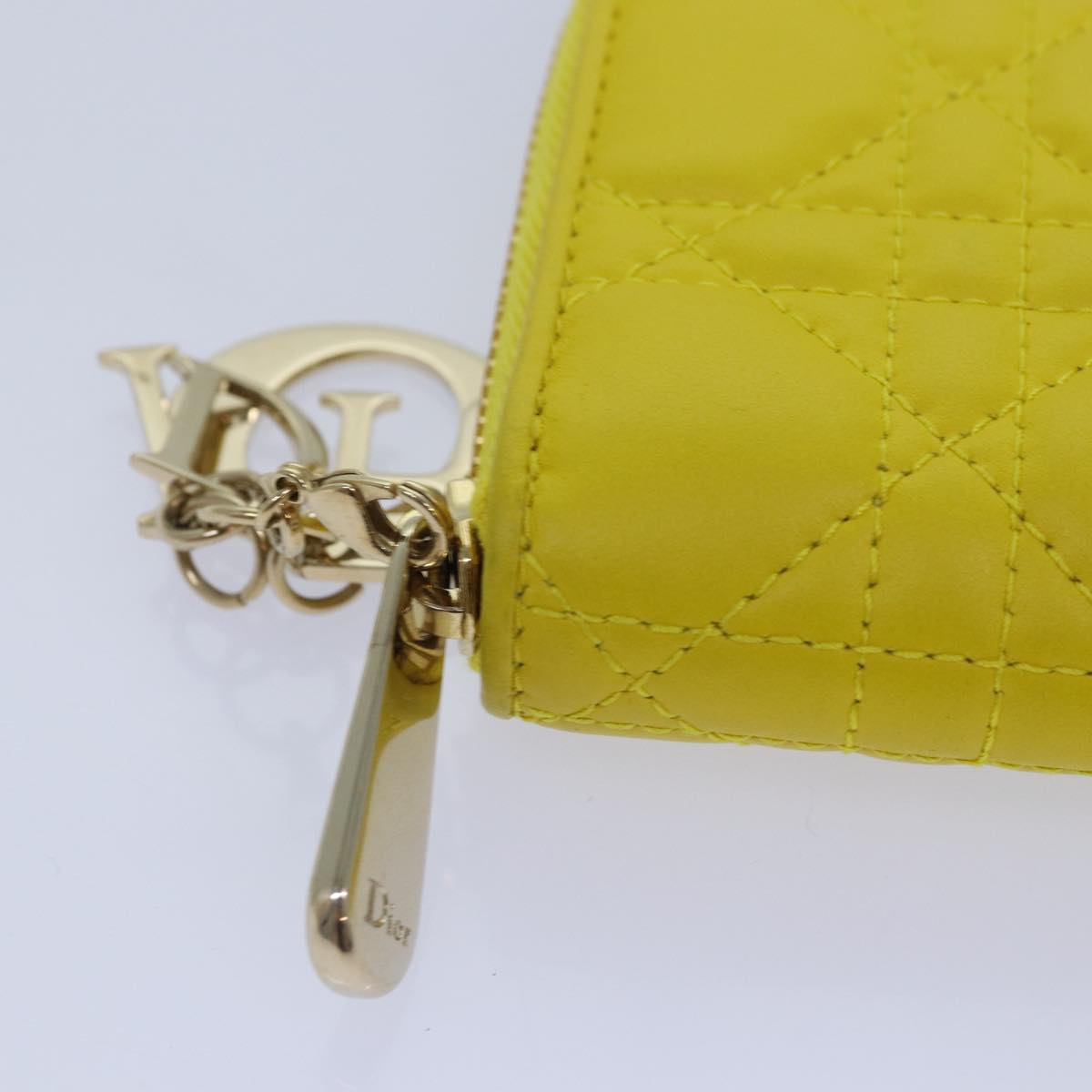 Christian Dior Lady Dior Canage Wallet Lamb Skin Yellow Gold Auth yk14307