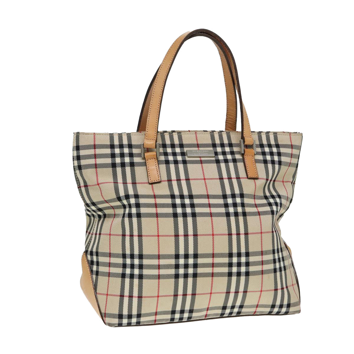 BURBERRY Nova Check Blue Label Hand Bag Canvas Beige Silver Auth yk14310