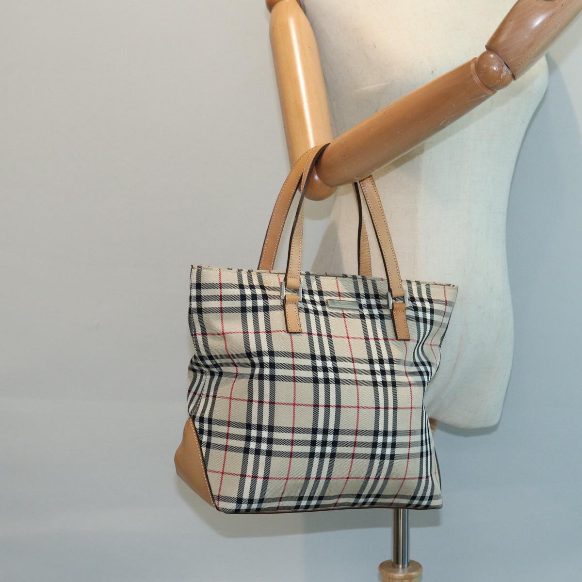 BURBERRY Nova Check Blue Label Hand Bag Canvas Beige Silver Auth yk14310