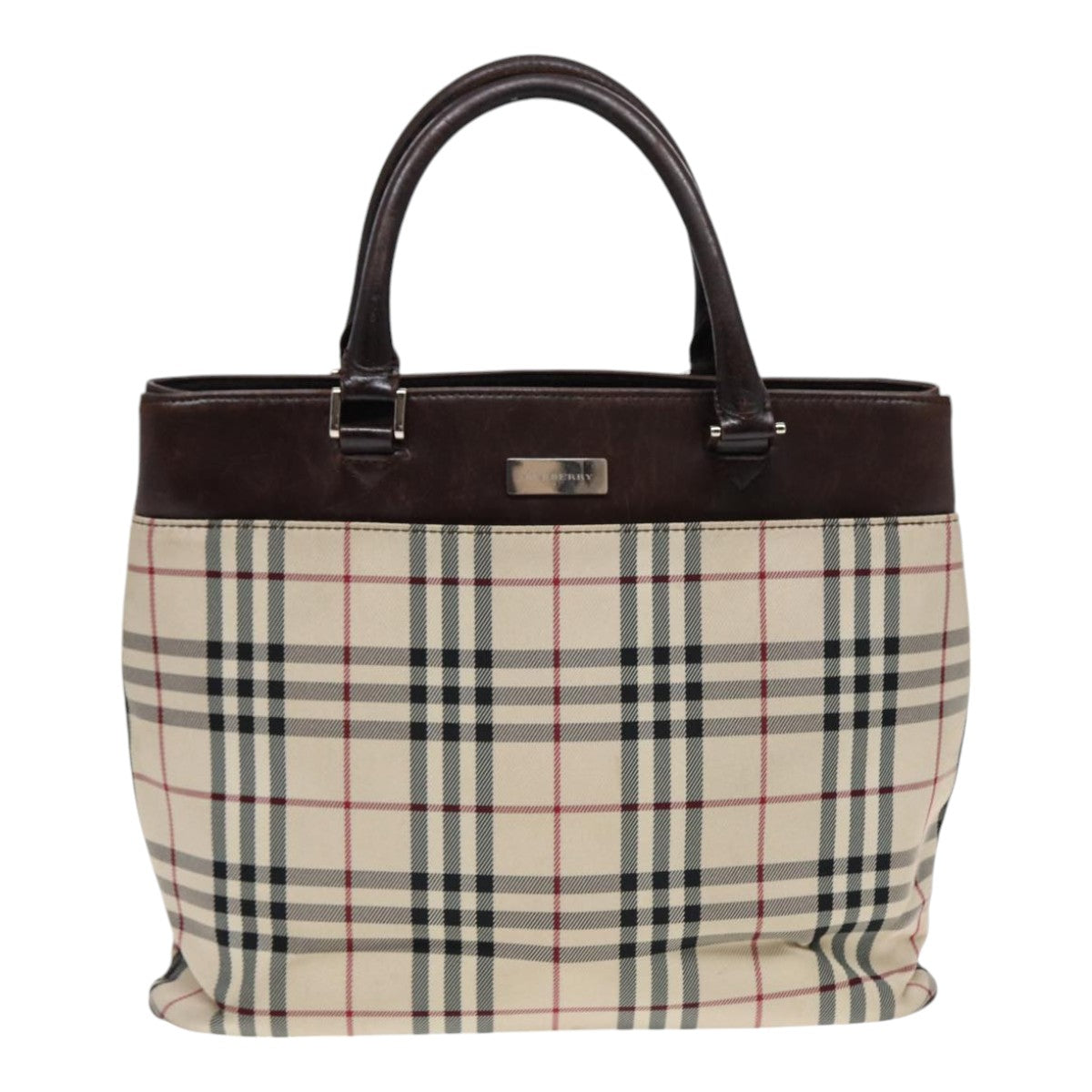 BURBERRY Nova Check Hand Bag Canvas Beige Silver Auth yk14318