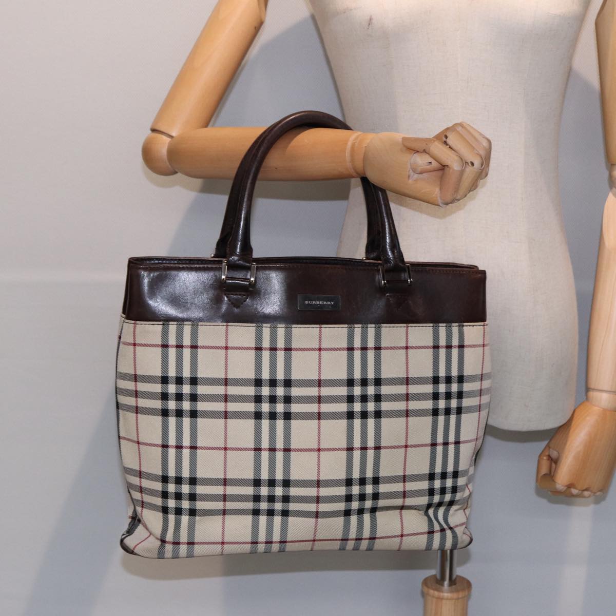 BURBERRY Nova Check Hand Bag Canvas Beige Silver Auth yk14318