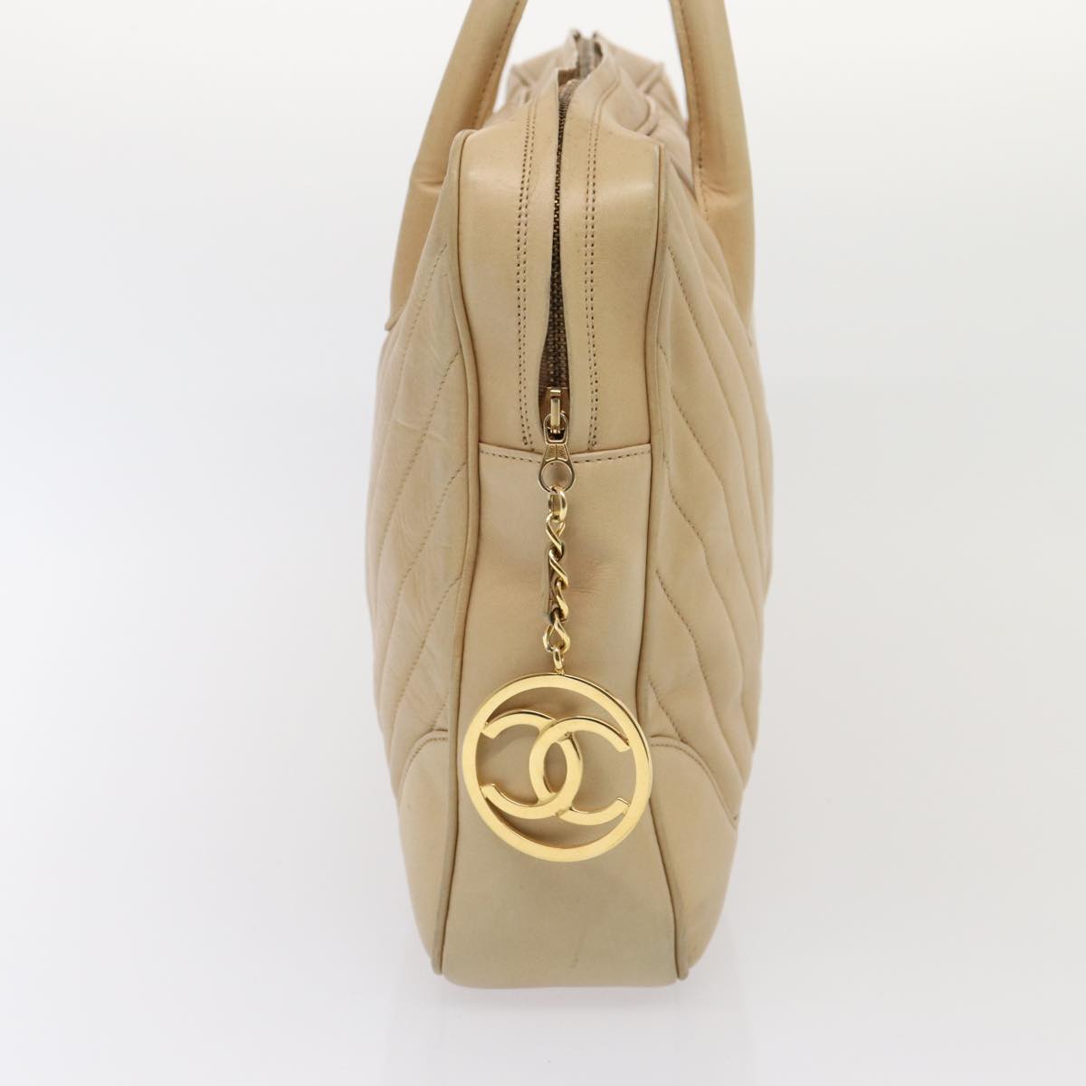 CHANEL V Stitch Hand Bag Leather 2way Beige Gold CC Auth yk14320