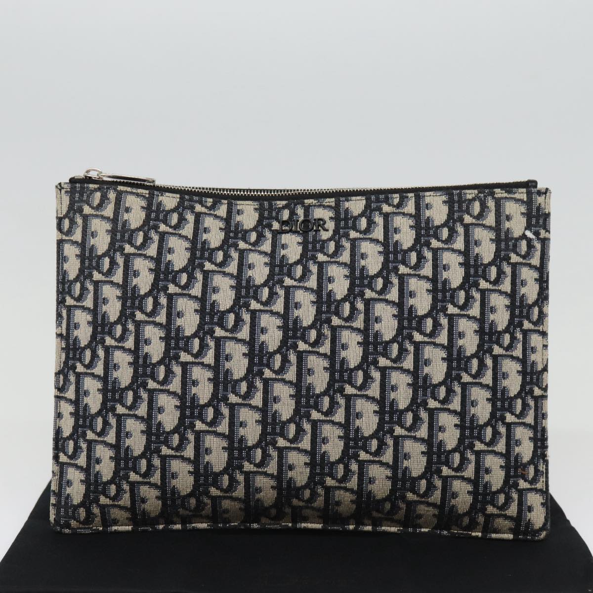 Christian Dior Trotter Canvas Clutch Bag Navy Silver Auth yk14332