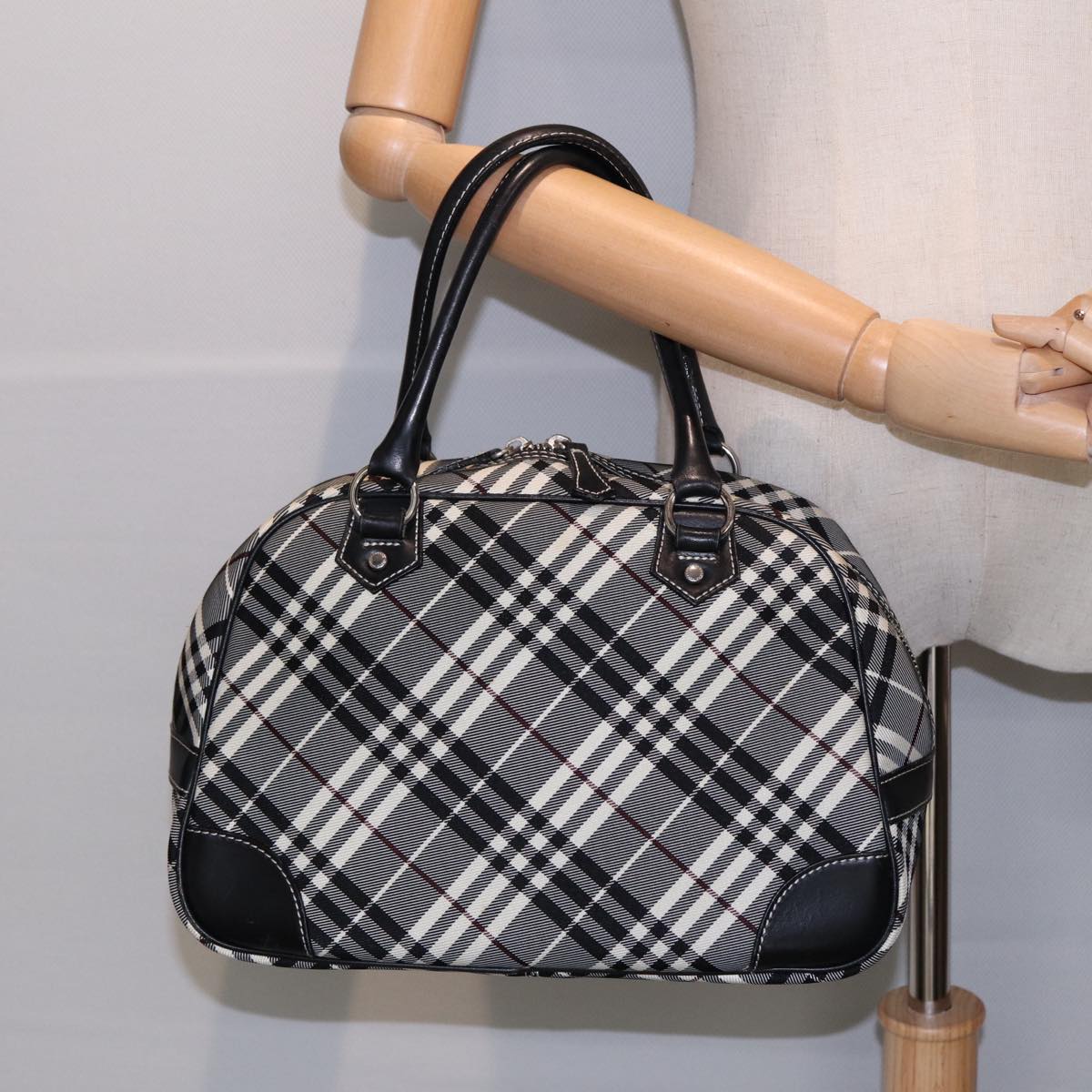 BURBERRY Nova Check Blue Label Hand Bag Nylon Black Silver Auth yk14350