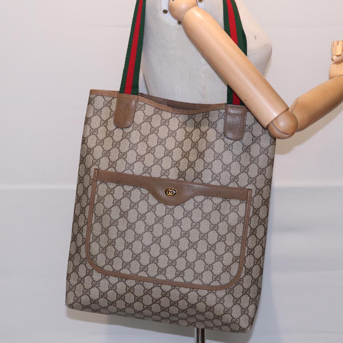 GUCCI GG Supreme Web Sherry Line Tote Bag PVC Beige Red 39 02 003 Auth yk14357