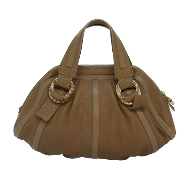 BVLGARI Hand Bag Leather Beige Gold Auth yk14360