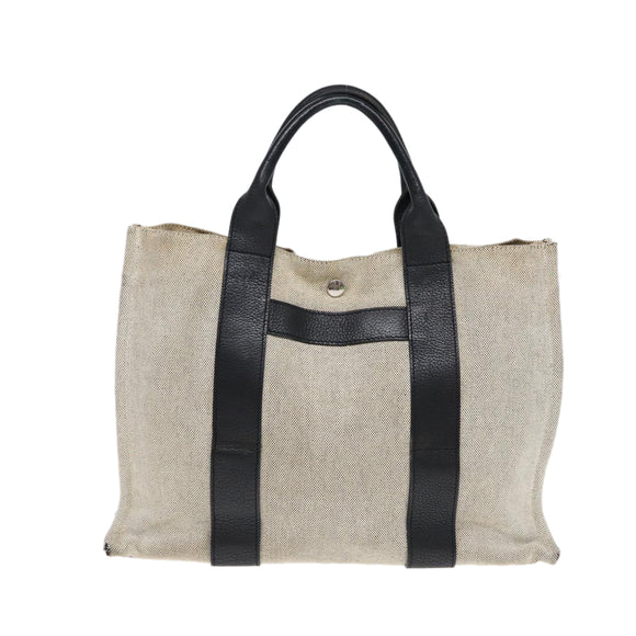 HERMES Sacane MM Tote Bag Canvas Leather White Black Silver Auth yk14380