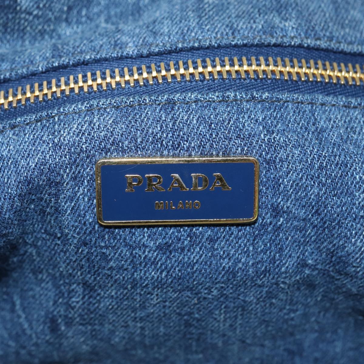 PRADA Canapa MM Hand Bag Denim Blue Gold Auth yk14385