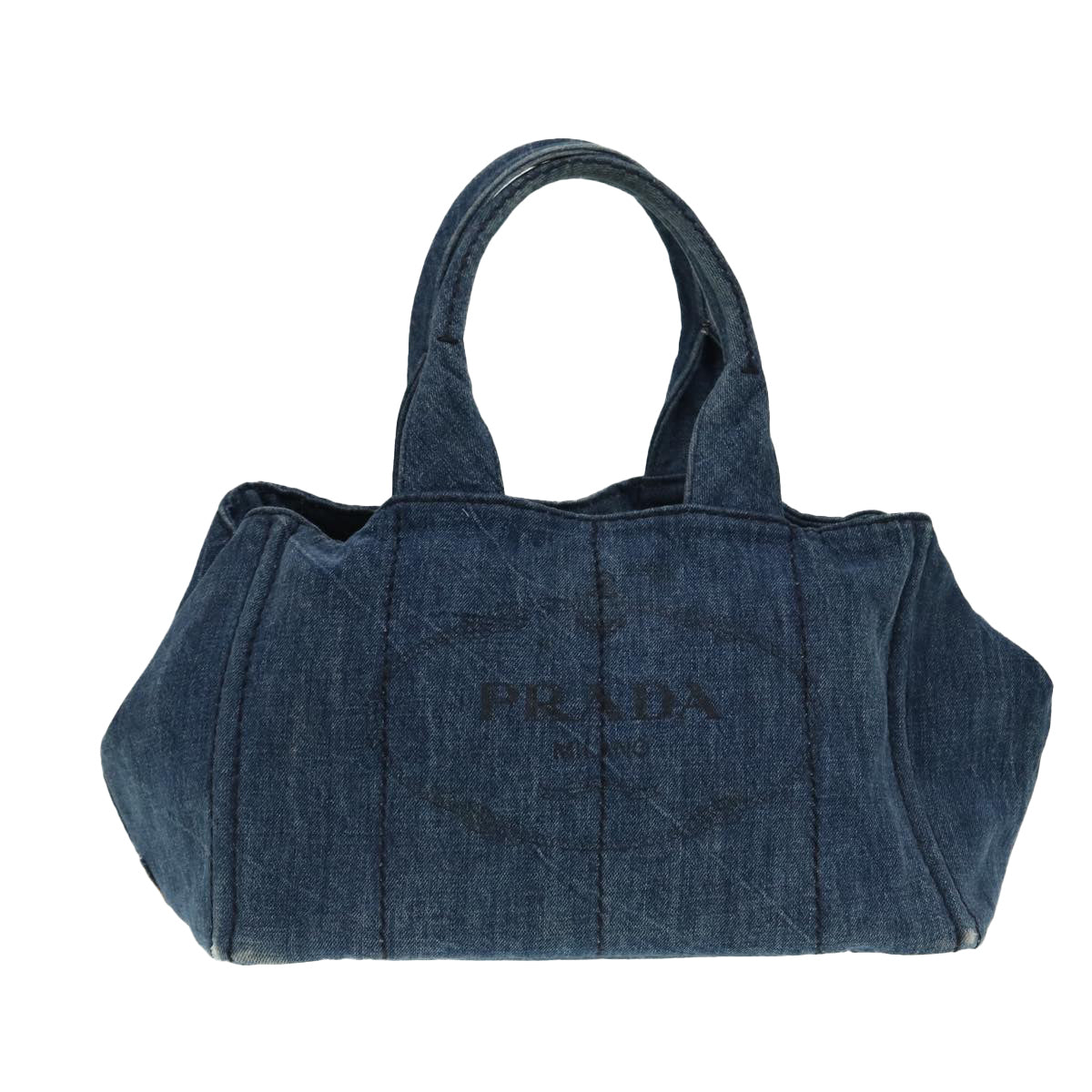 PRADA Canapa MM Hand Bag Denim Blue Gold Auth yk14385