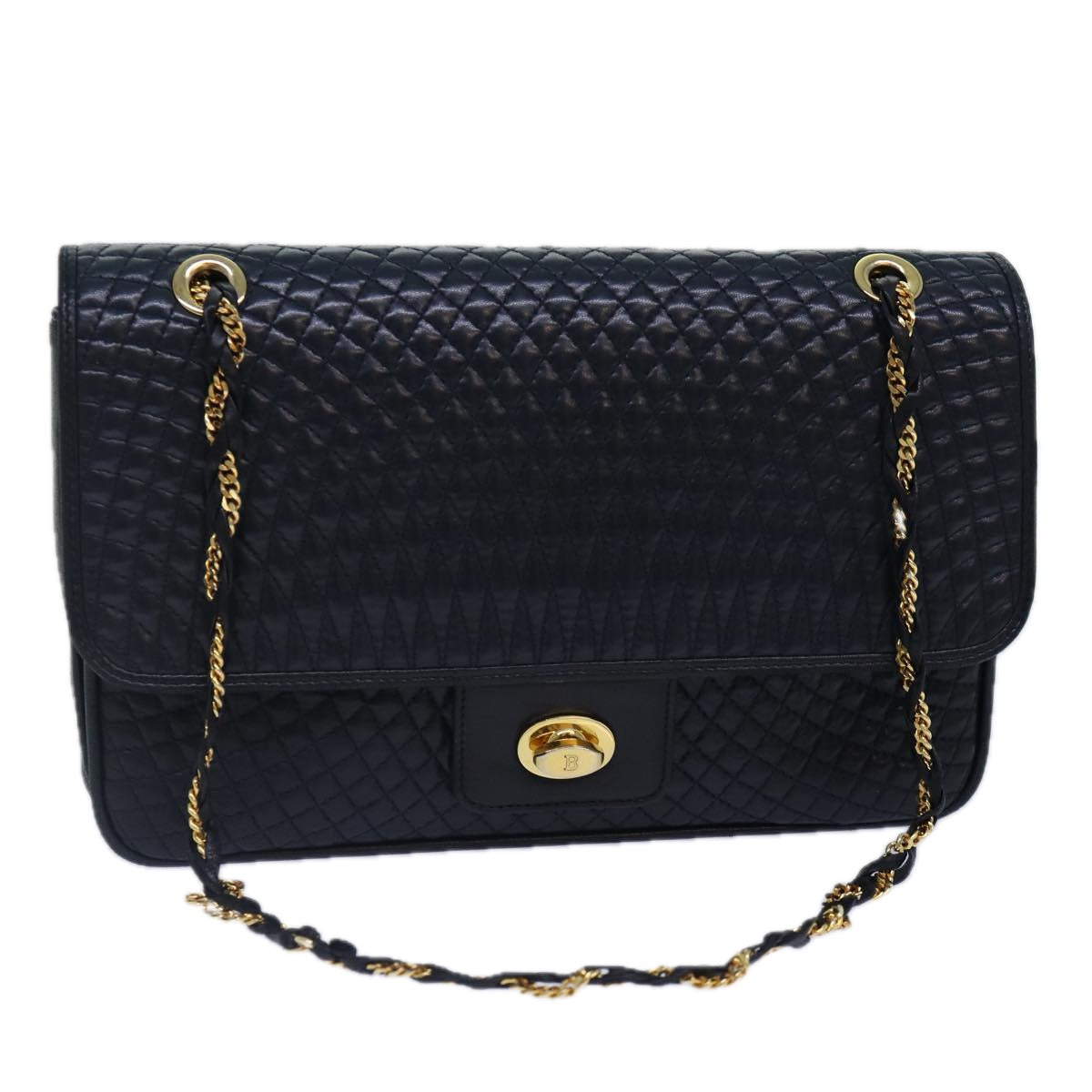 BALLY Quilted Chain Shoulder Bag Leather Navy Gold Auth yk14388