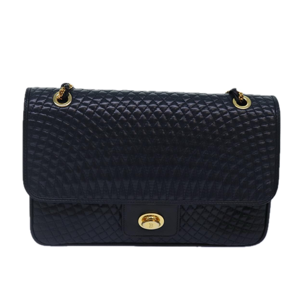 BALLY Quilted Chain Shoulder Bag Leather Navy Gold Auth yk14388