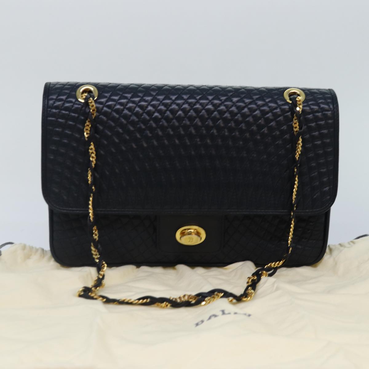 BALLY Quilted Chain Shoulder Bag Leather Navy Gold Auth yk14388