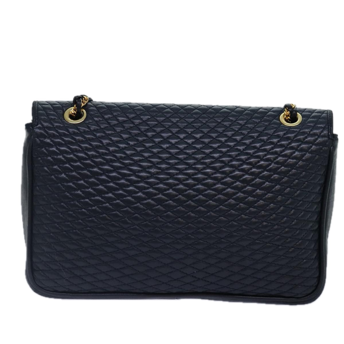 BALLY Quilted Chain Shoulder Bag Leather Navy Gold Auth yk14388 - 0