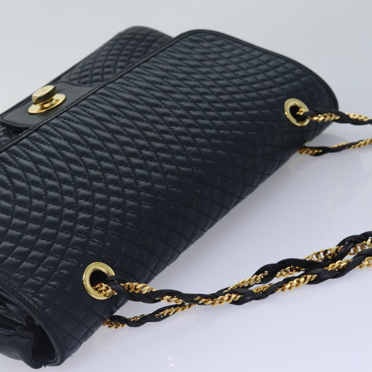 BALLY Quilted Chain Shoulder Bag Leather Navy Gold Auth yk14388