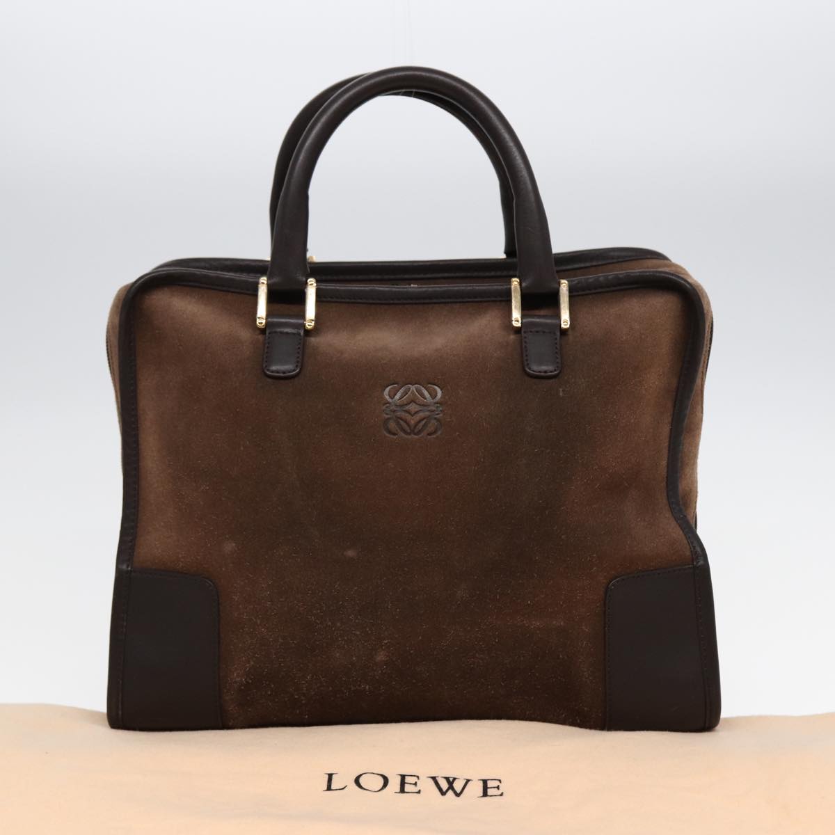 LOEWE Anagram Amazona 32 Hand Bag Suede Leather Brown gold Auth yk14393