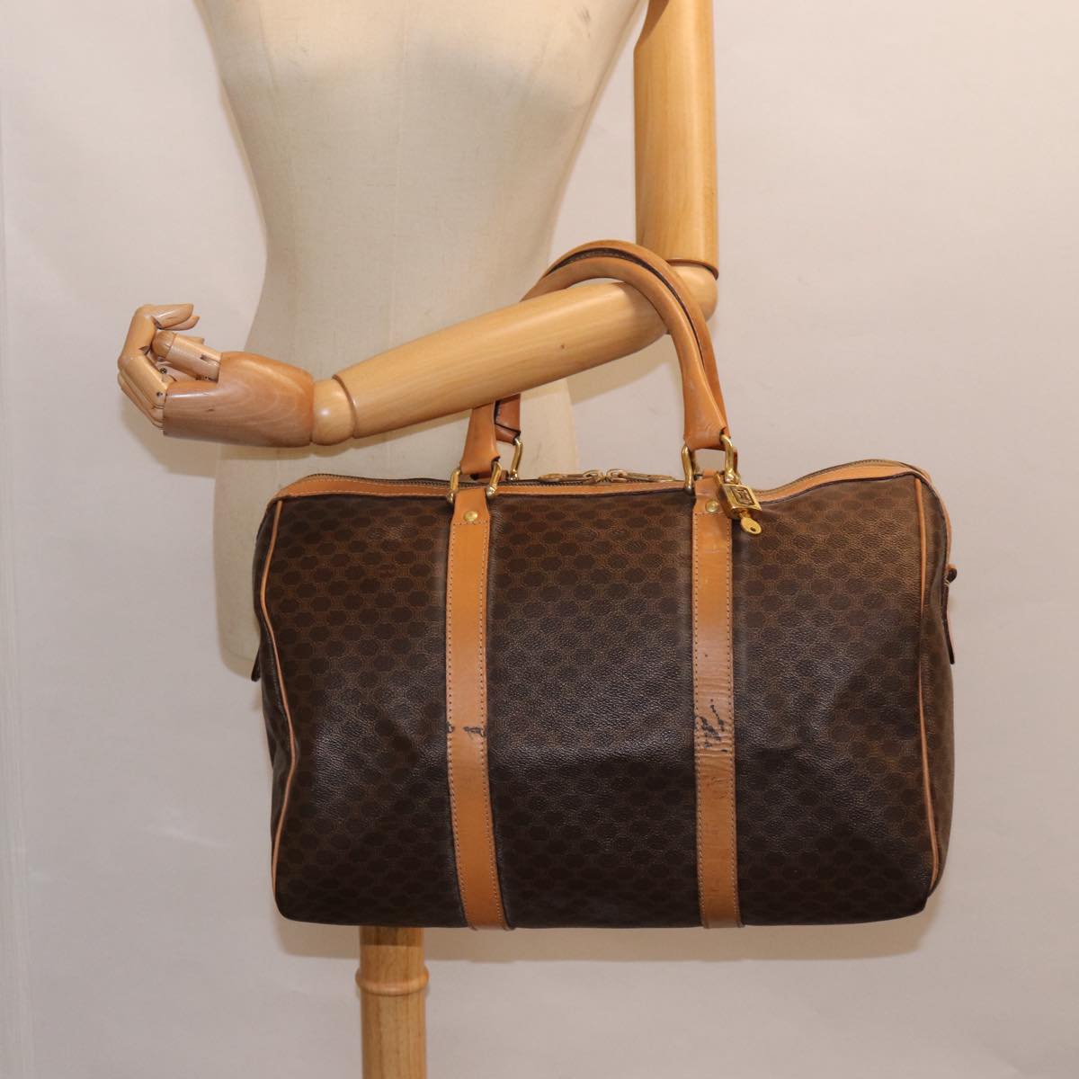 CELINE Macadam Canvas Boston Bag PVC Leather Brown Auth yk14397