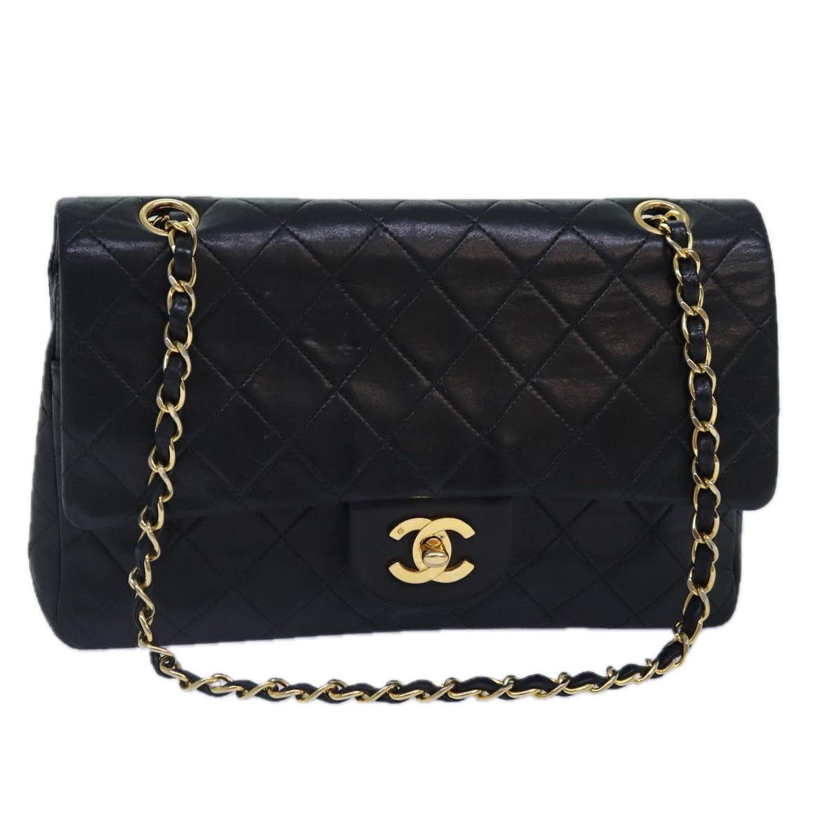 CHANEL Matelasse 25 Turn Lock Chain Bag Lamb Skin Black Gold CC Auth yk14418