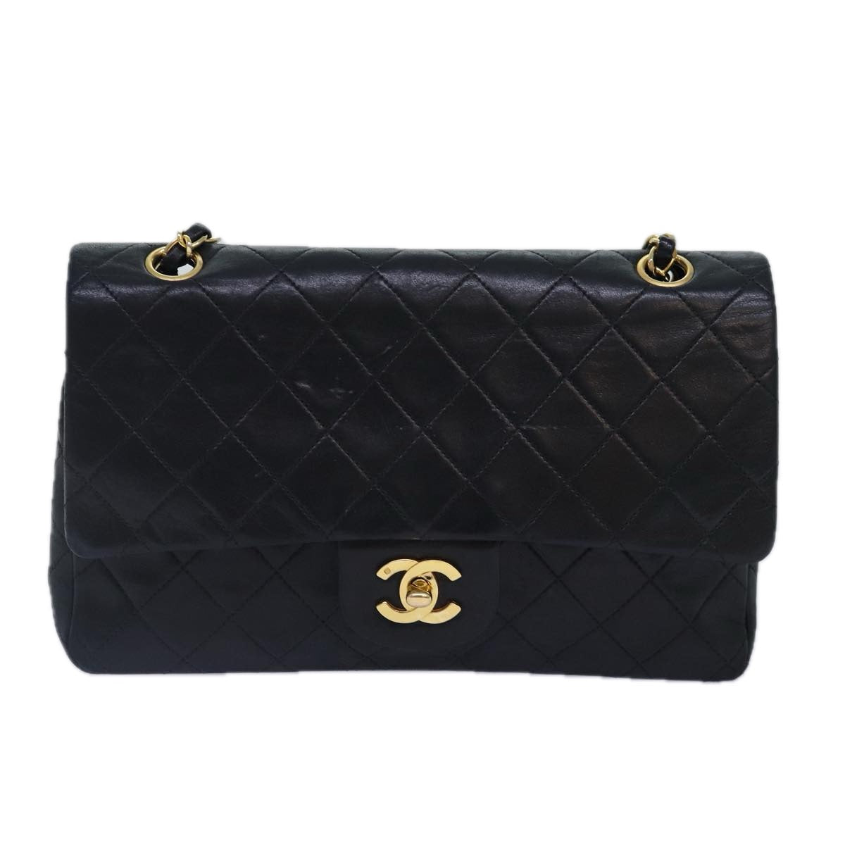 CHANEL Matelasse 25 Turn Lock Chain Bag Lamb Skin Black Gold CC Auth yk14418 - 0