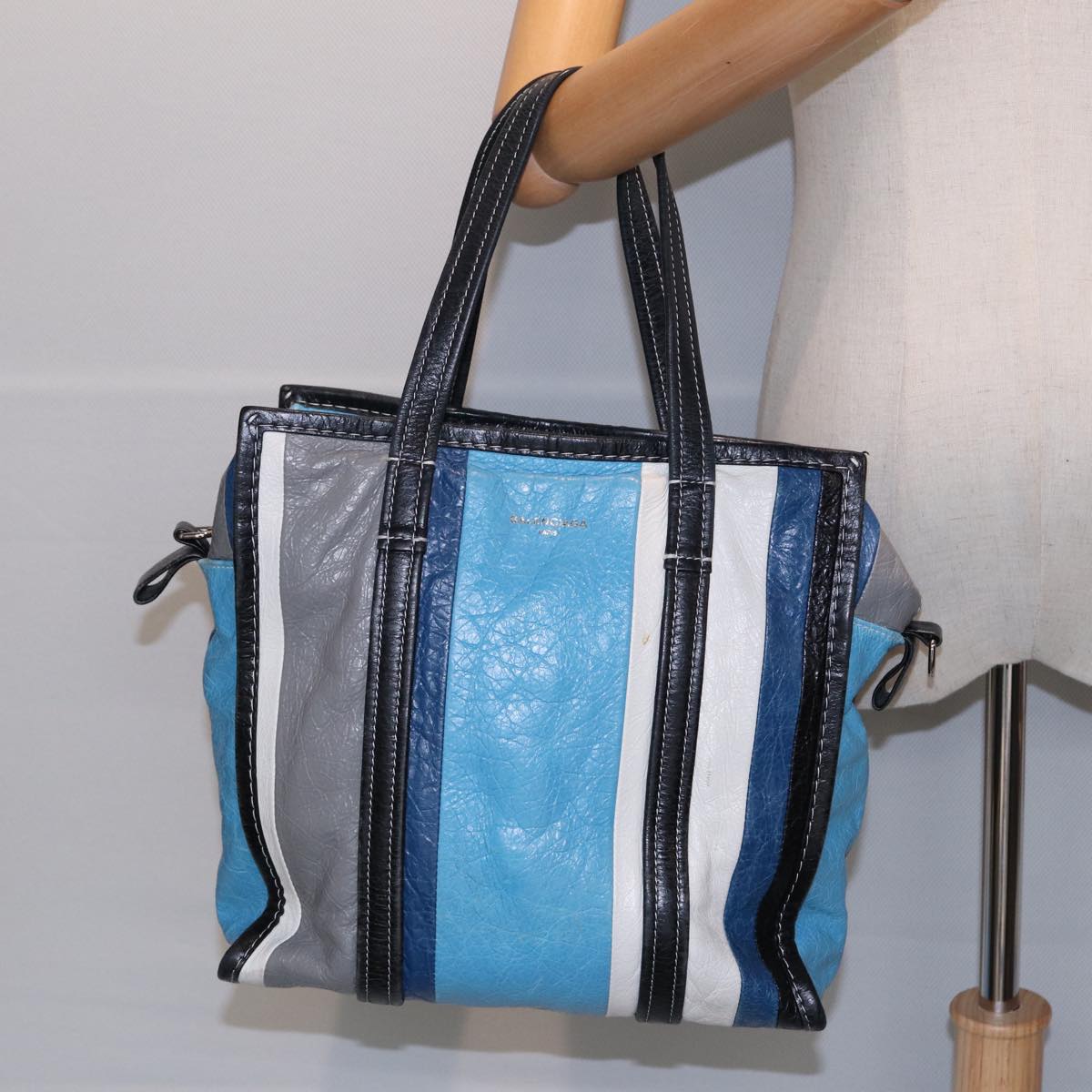 BALENCIAGA Bazaar Shopper XS Tote Bag Leather Blue Silver 443096 Auth yk14420